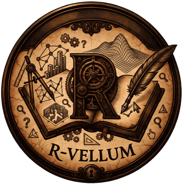 R-vellum emblem: a compass, gears, plots, and a quill on parchment