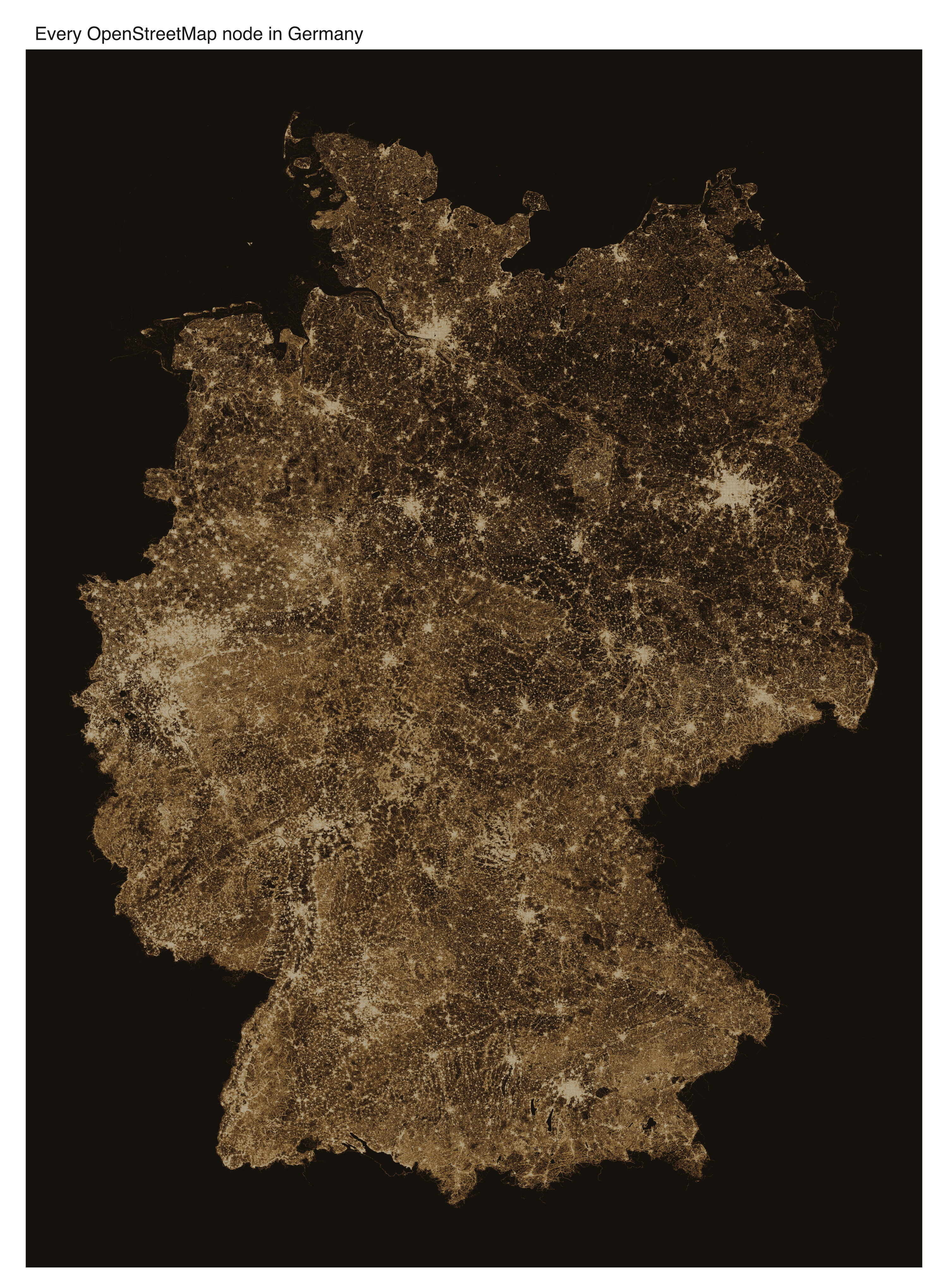 Datashaded map of all 436 million OpenStreetMap nodes in Germany, tracing roads, rivers and settlements in earth tones