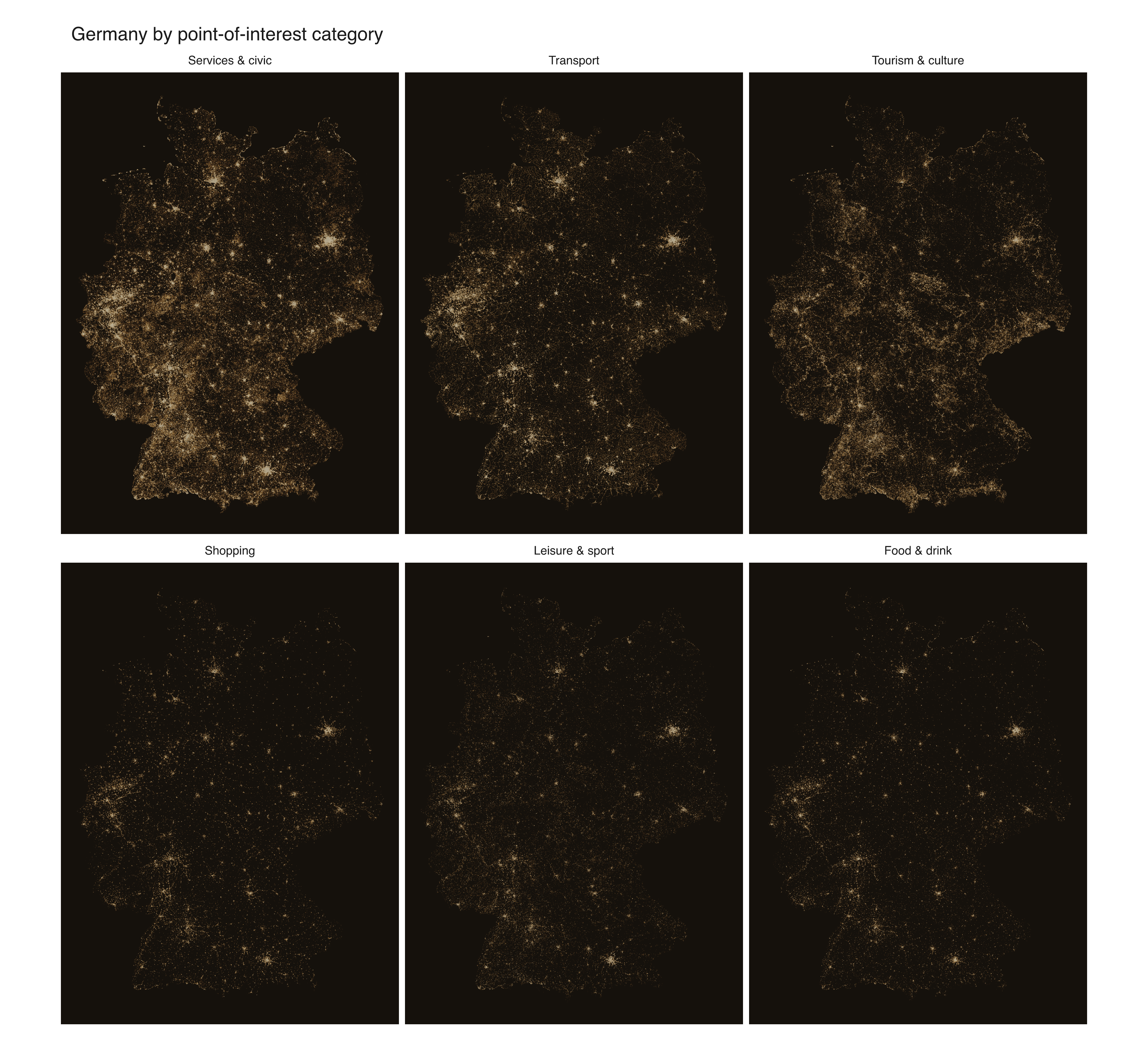Six small-multiple datashaded maps of Germany, one per POI category, each showing a distinct spatial pattern