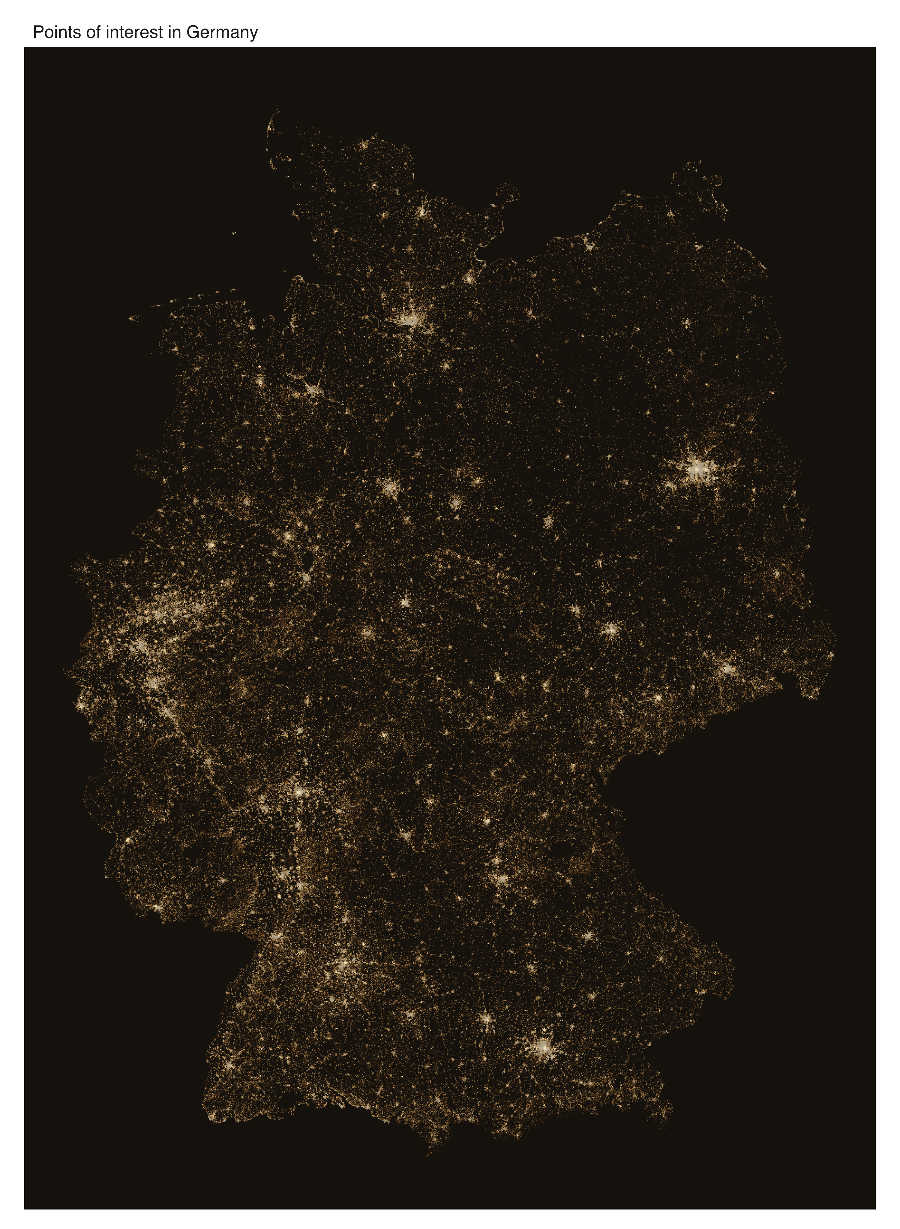 Datashaded density map of 4.3 million OpenStreetMap points of interest across Germany in earth tones, cities bright on a dark ground