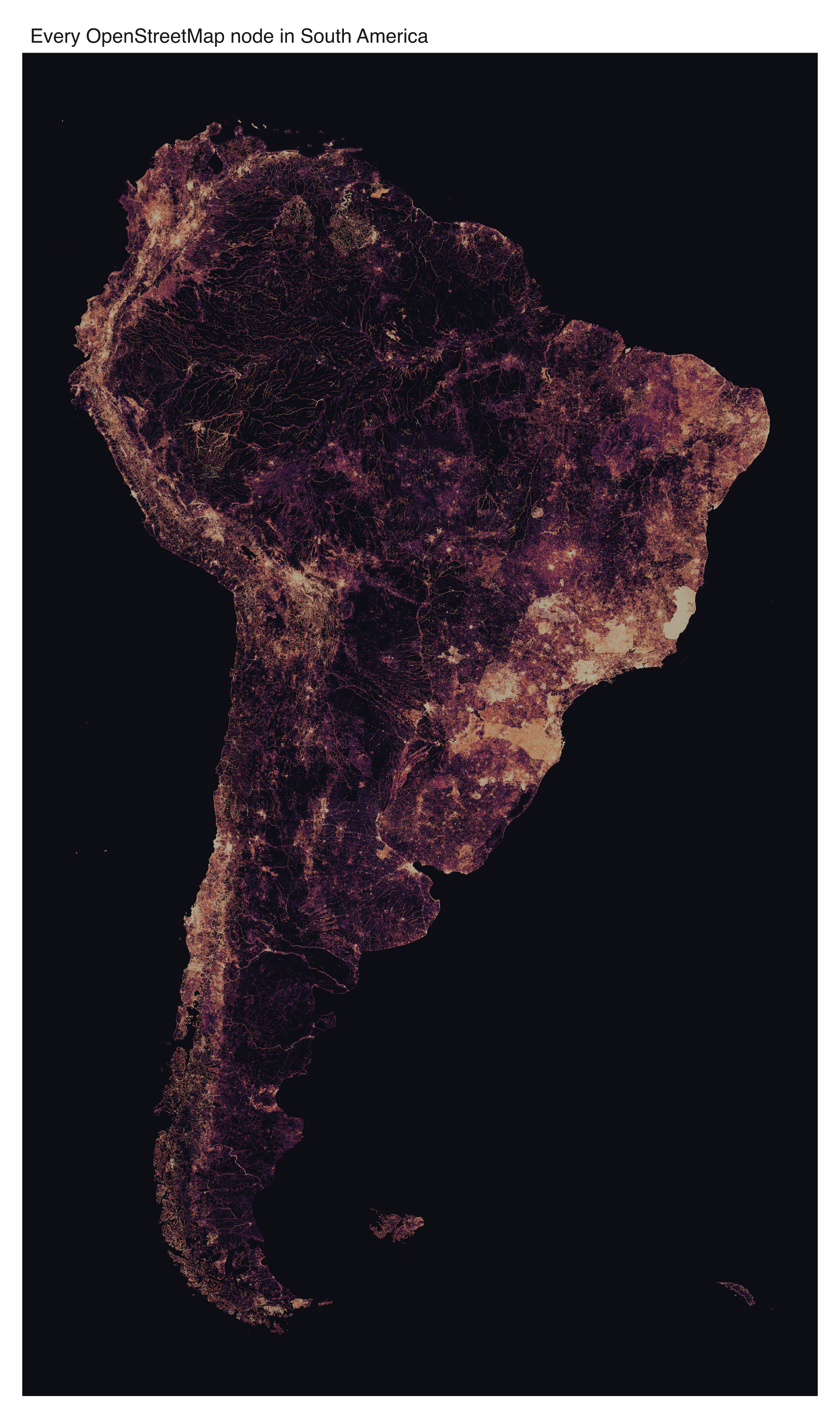 Datashaded map of all 632 million OpenStreetMap nodes in mainland South America, tracing rivers, roads and cities on a dark ground