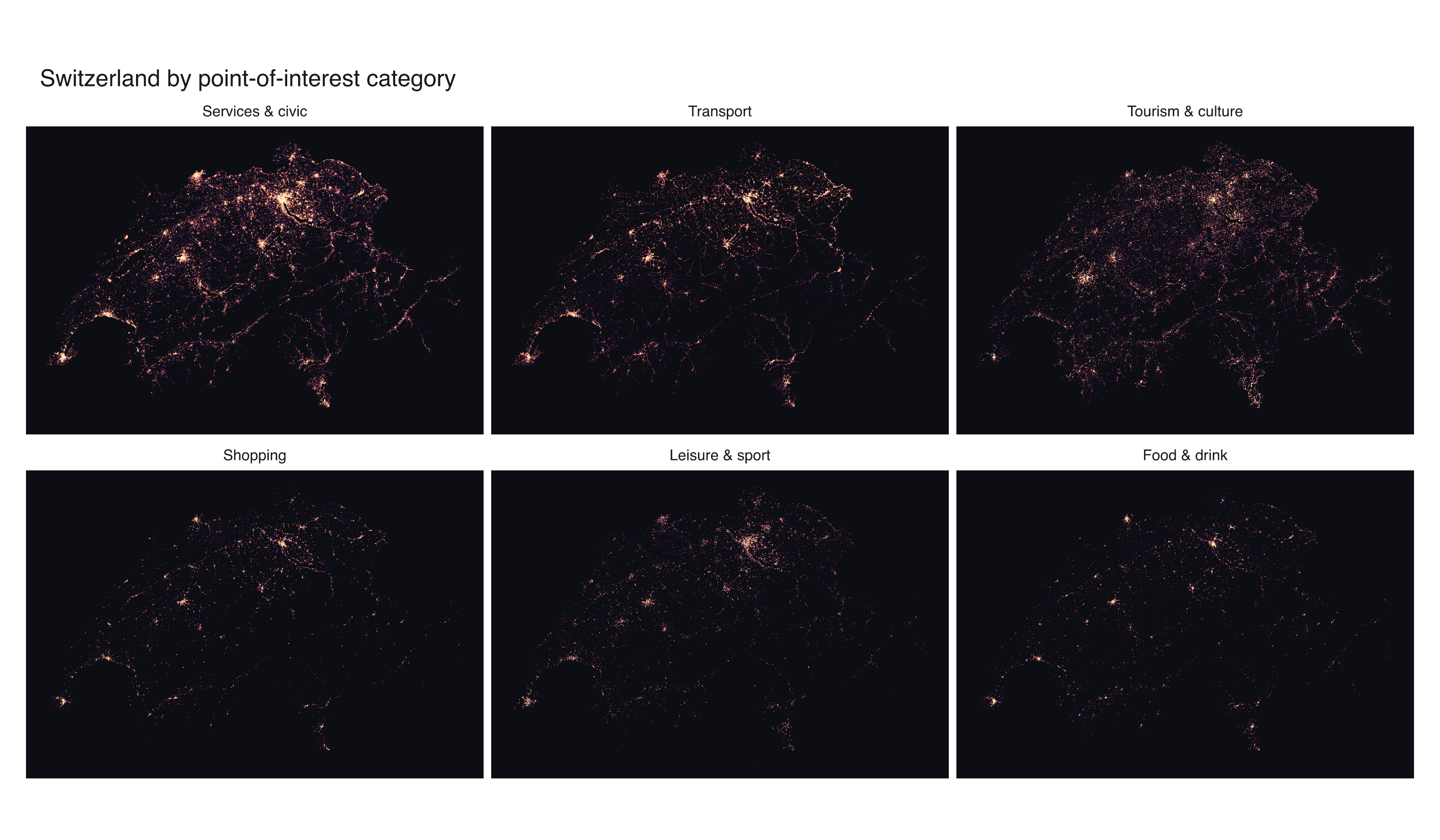 Six small-multiple datashaded maps of Switzerland, one per POI category, each showing a distinct spatial distribution