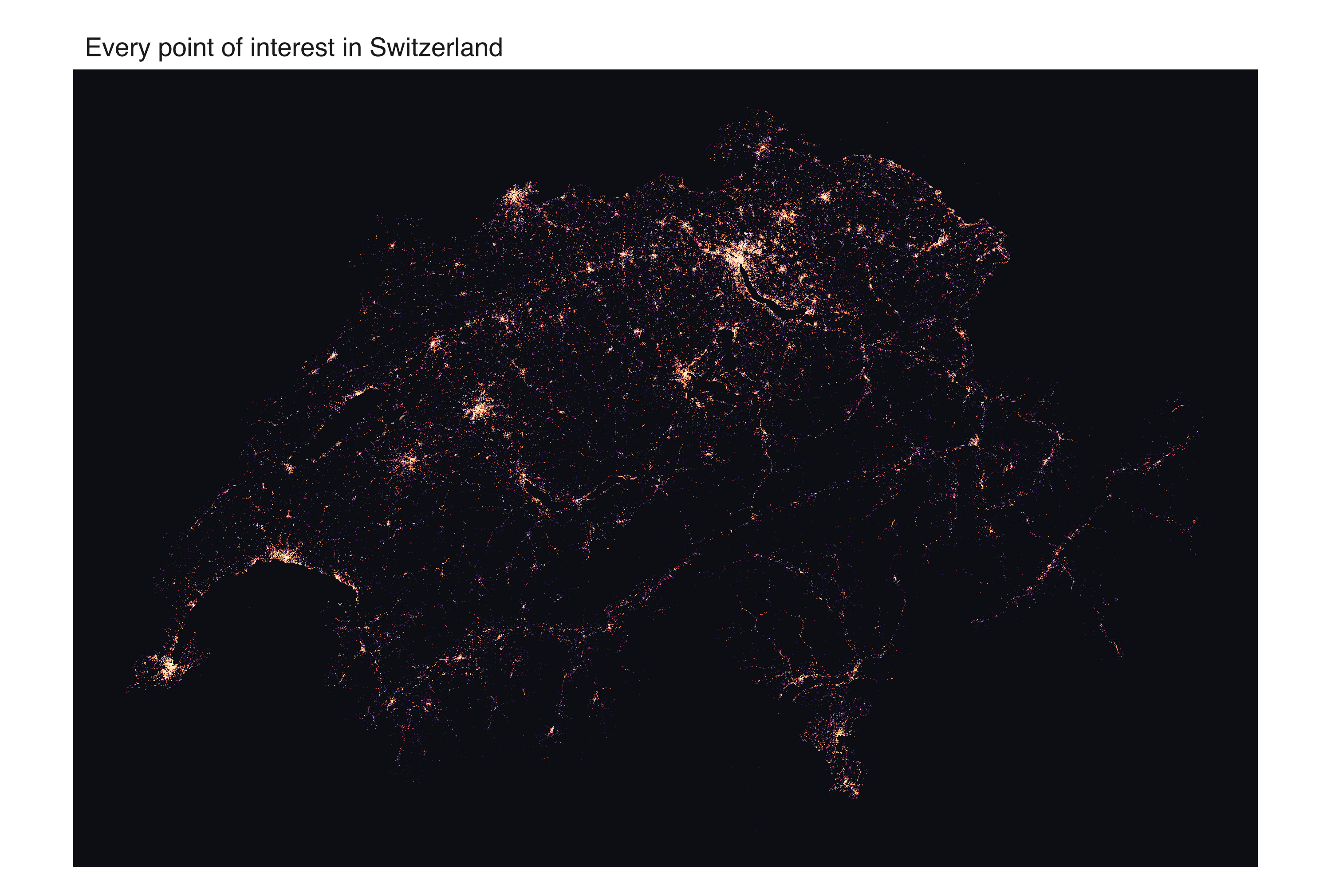 Datashaded density map of ~528,000 OpenStreetMap points of interest tracing the shape of Switzerland, cities glowing on a dark ground